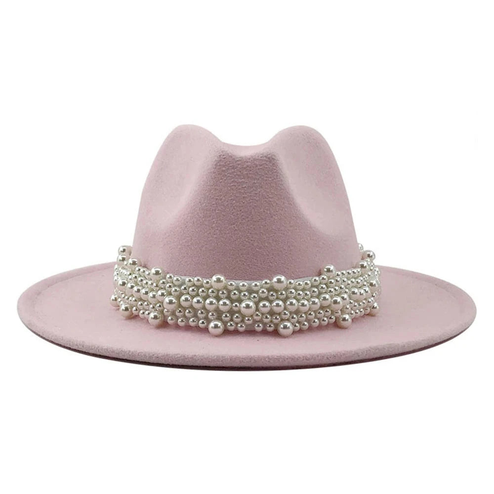 Jazz Fedora Hats Casual Women Pearl Felt Hat White Pink Yellow Blue Red Woolen Panama 58-61CM