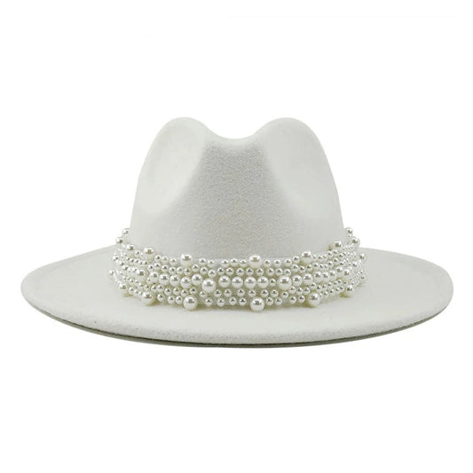 Jazz Fedora Hats Casual Women Pearl Felt Hat White Pink Yellow Blue Red Woolen Panama 58-61CM