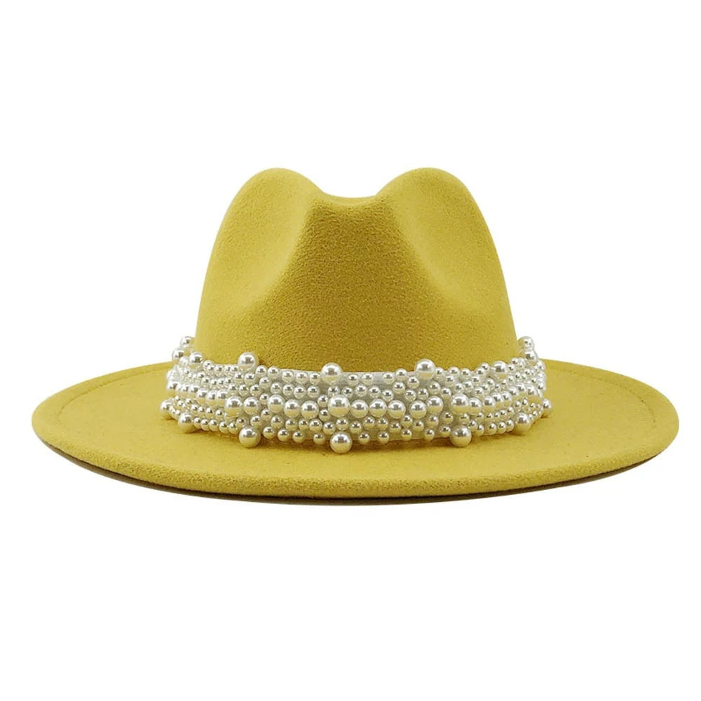 Jazz Fedora Hats Casual Women Pearl Felt Hat White Pink Yellow Blue Red Woolen Panama 58-61CM