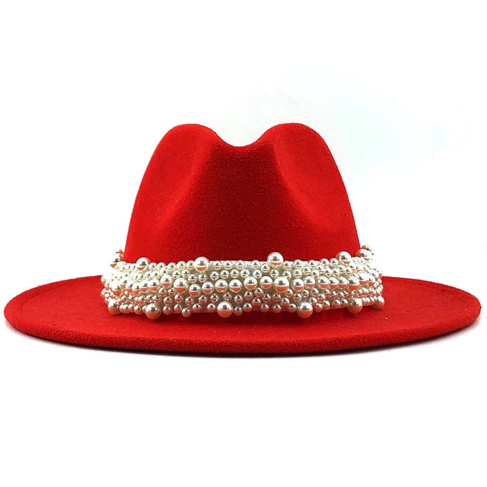 Jazz Fedora Hats Casual Women Pearl Felt Hat White Pink Yellow Blue Red Woolen Panama 58-61CM