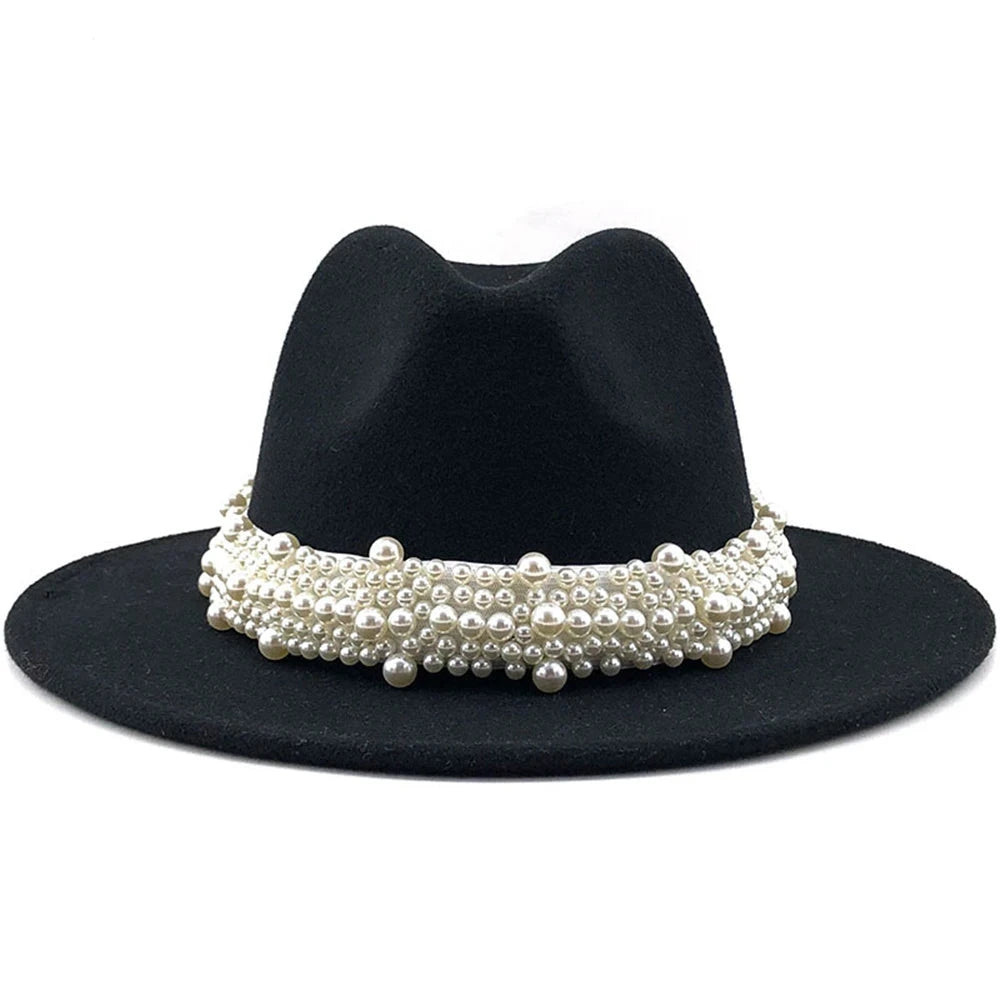 Jazz Fedora Hats Casual Women Pearl Felt Hat White Pink Yellow Blue Red Woolen Panama 58-61CM