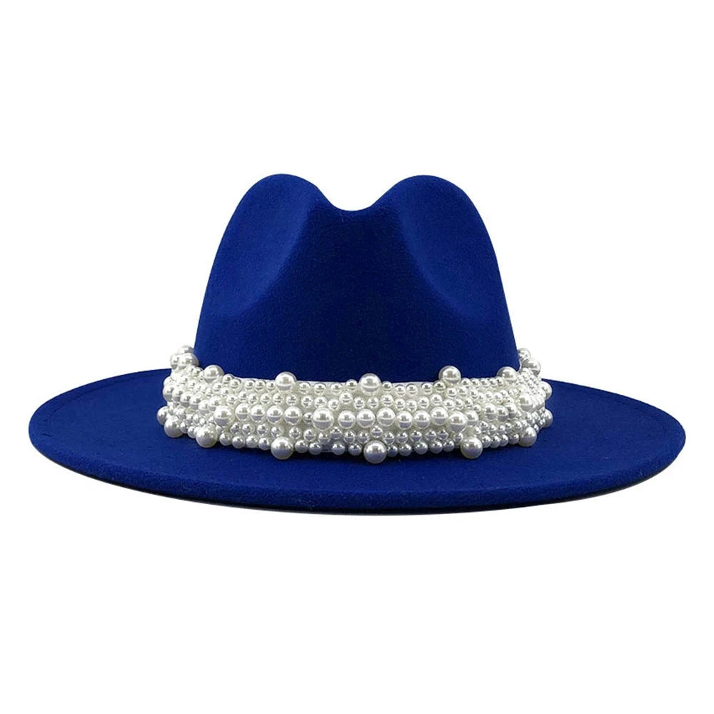 Jazz Fedora Hats Casual Women Pearl Felt Hat White Pink Yellow Blue Red Woolen Panama 58-61CM