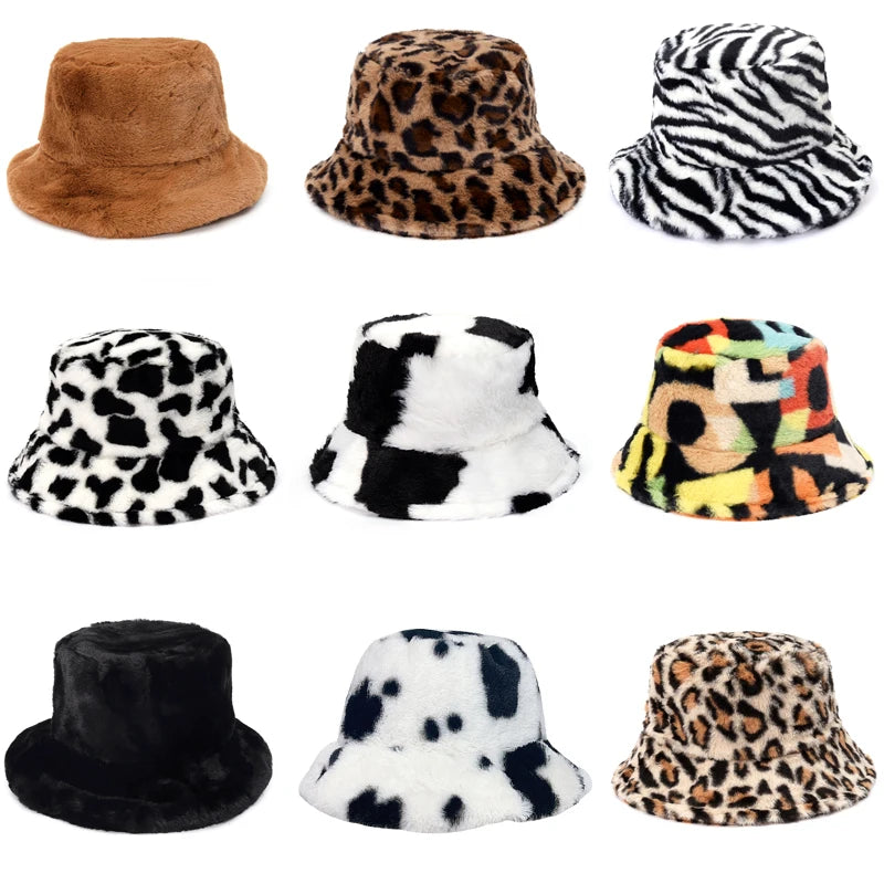 Cow Leopard Faux Fur Fluffy Bucket Hats Women Outdoor Warm Sun Hat Soft Velvet Furry Fisherman Cap Girl Fashion Panama