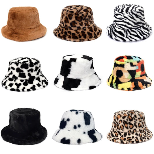 Cow Leopard Faux Fur Fluffy Bucket Hats Women Outdoor Warm Sun Hat Soft Velvet Furry Fisherman Cap Girl Fashion Panama