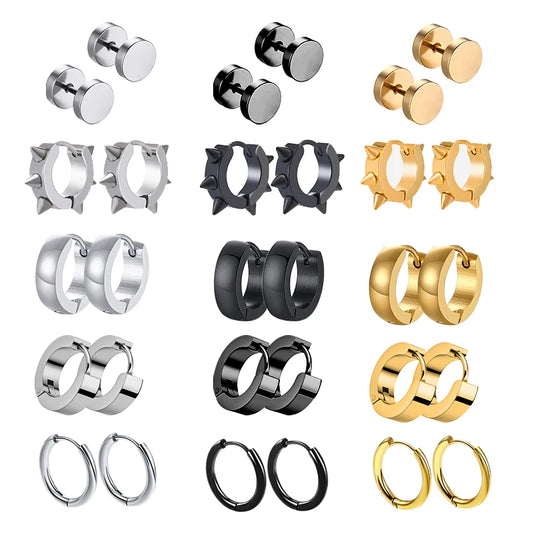 Black Gold Color Stainless Steel 1pairs Multi Types Unisex Earrings For Women Men