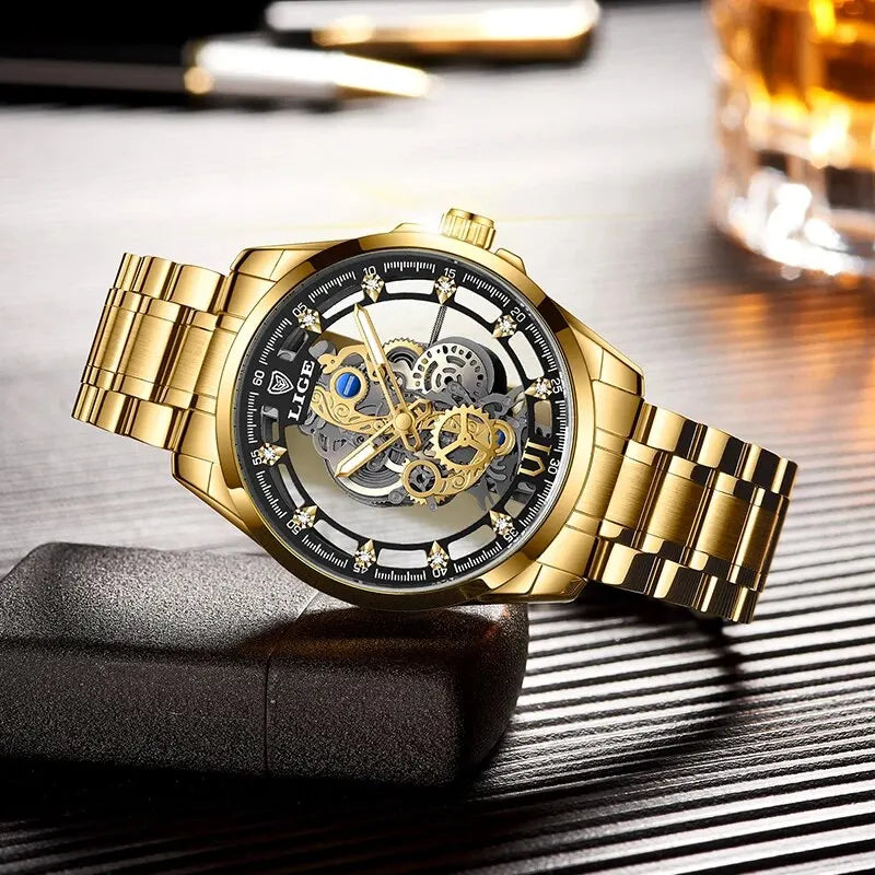 Gold Skeleton Retro Man Watch LIGE New Men Watch Skeleton Quartz Wristwatch