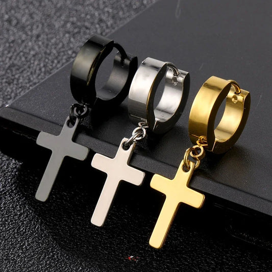 Cross Stars Punk Dangle Earrings Gothic Woman Cross Ear Hoop Earrings Huggies Pendant Piercing Jewelry 2pc Stainless Stelel men