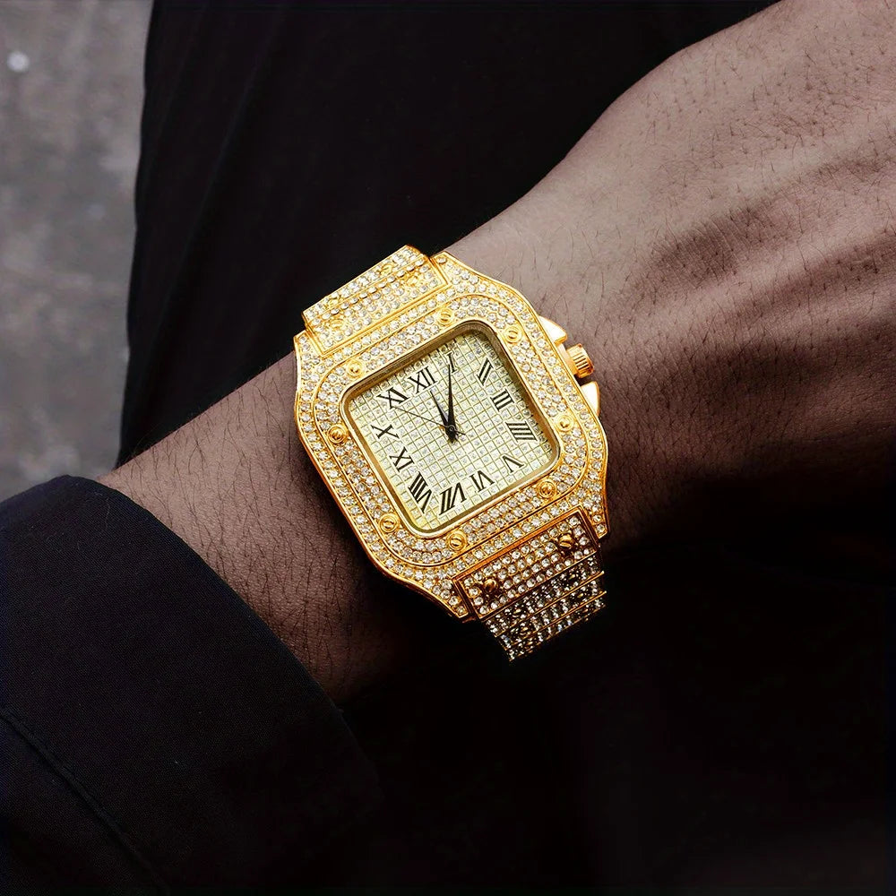 Fashion Hip Hop Men Crystal Inlaid Watch Luxury Cuban Hand Chain Stainless Steel Iced Out Watches