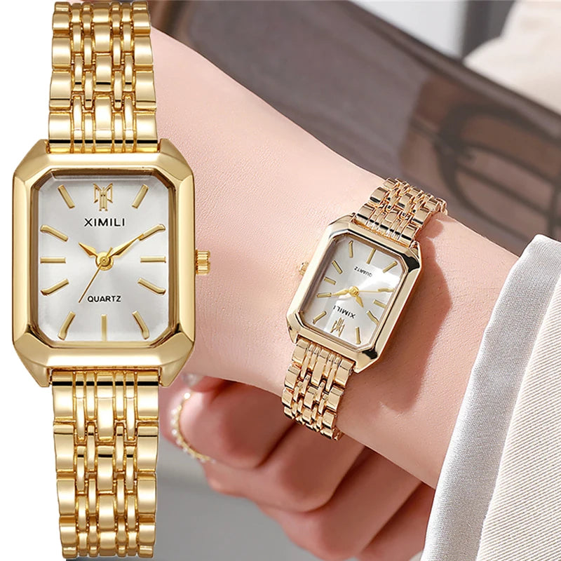 Square Watches Gold Alloy Strap Luxury Ladies Quartz Wristwatches Qualities Female Roman Scale Clock