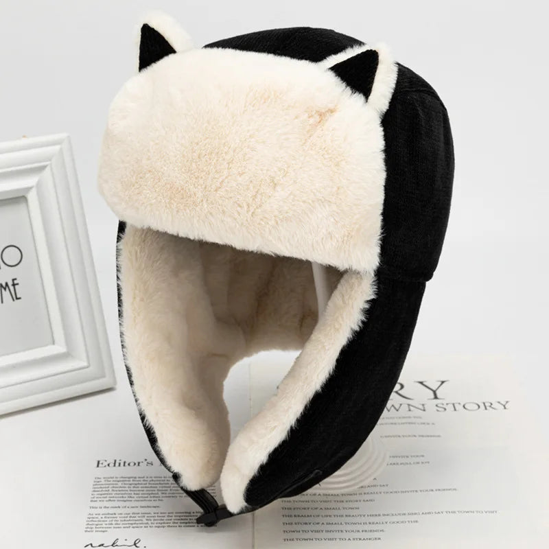 Wool Ear-flapped Hat Winter Cold-proof Warm Cotton Hat Cat Ears Cap Winter Unisex Russian Hat Bonnet