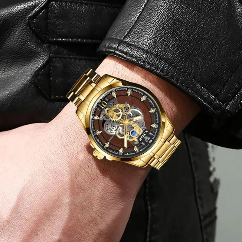 Gold Skeleton Retro Man Watch LIGE New Men Watch Skeleton Quartz Wristwatch