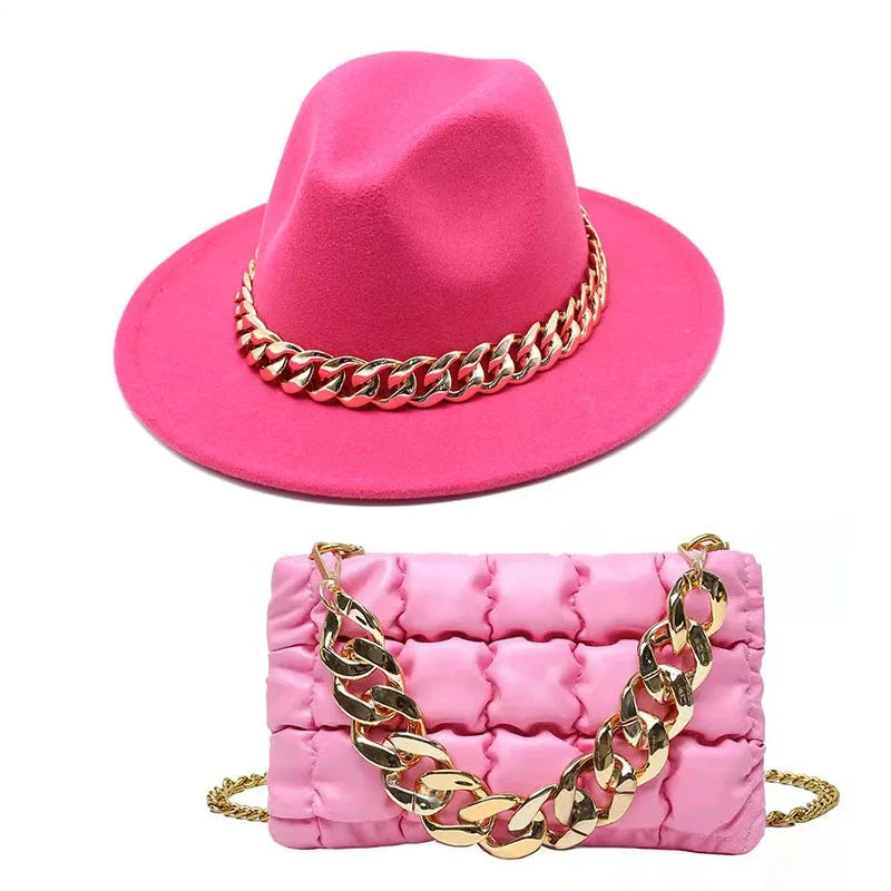 Fashion Fedora Hat and Chain Bag Set - Vibrant Colors