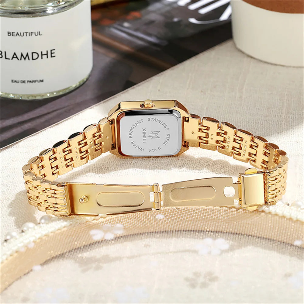 Square Watches Gold Alloy Strap Luxury Ladies Quartz Wristwatches Qualities Female Roman Scale Clock