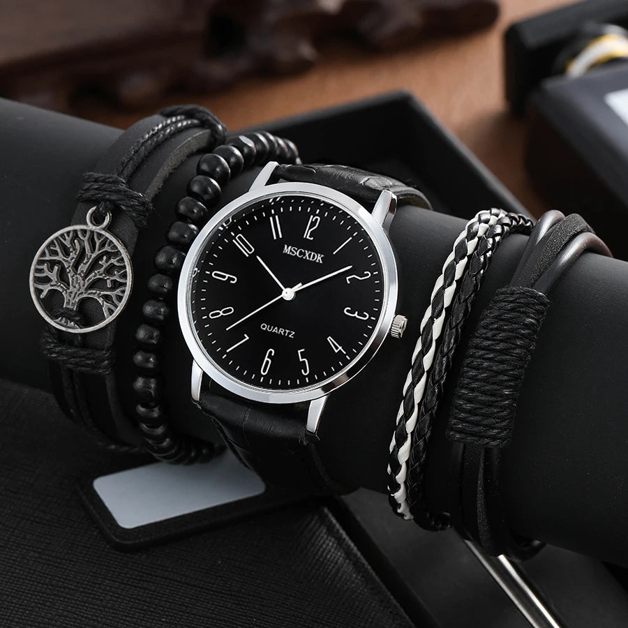 Casual Round Watch Black Quartz Watches Bracelet sets for Men