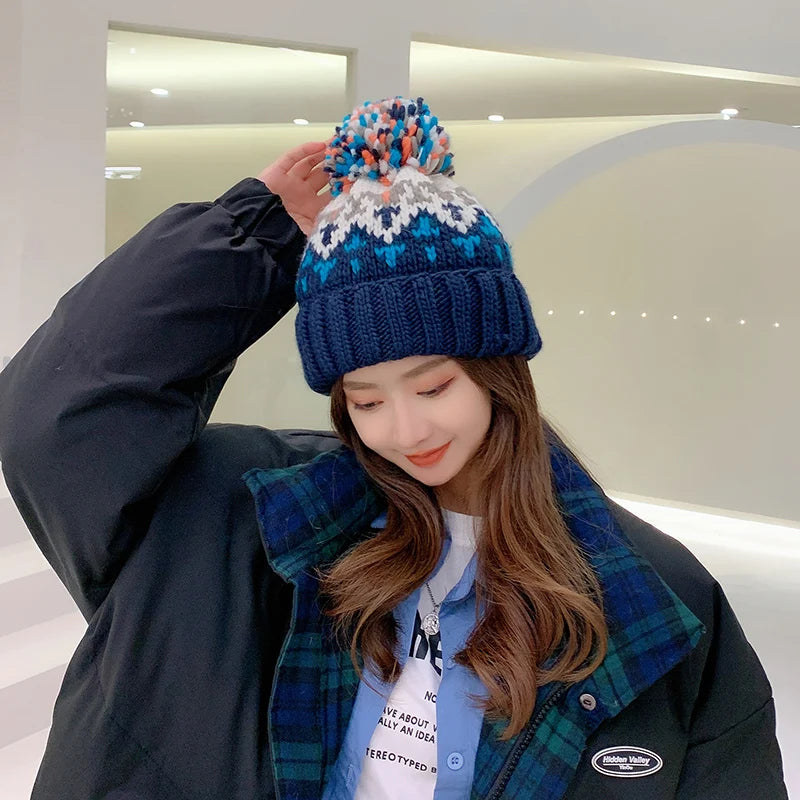 Cute Print Embroidery Beanies Hats for Women Men Winter Warm Fur Pompom Baggy Knit Hat Bonnet Caps