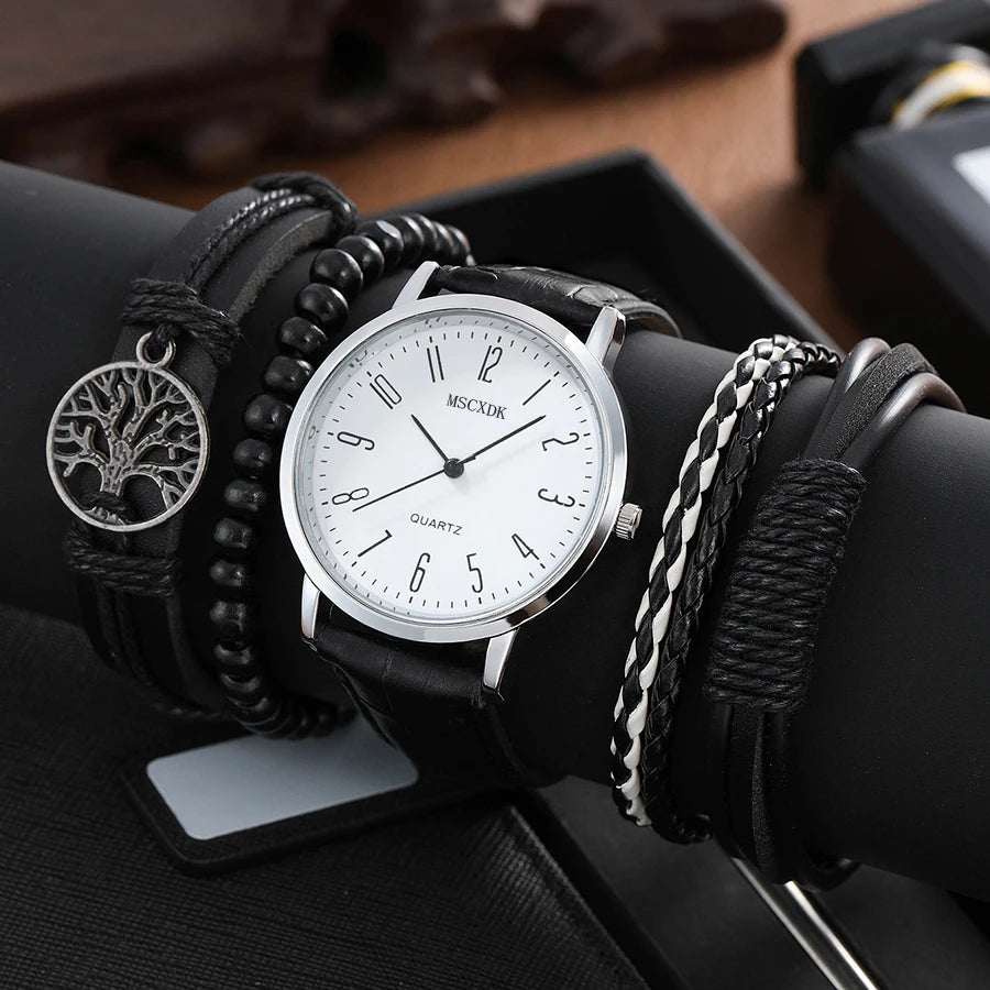 Casual Round Watch Black Quartz Watches Bracelet sets for Men