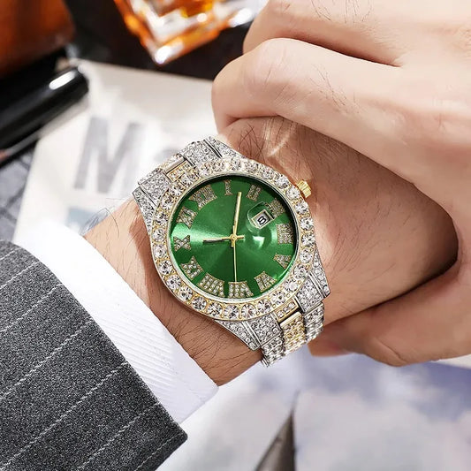 Hip Hop Watch with Shiny Rhinestones for Men, Luxury Clock, Band Length, Iced Steel Belt, 40mm