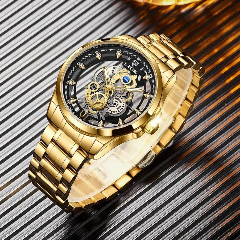 Gold Skeleton Retro Man Watch LIGE New Men Watch Skeleton Quartz Wristwatch