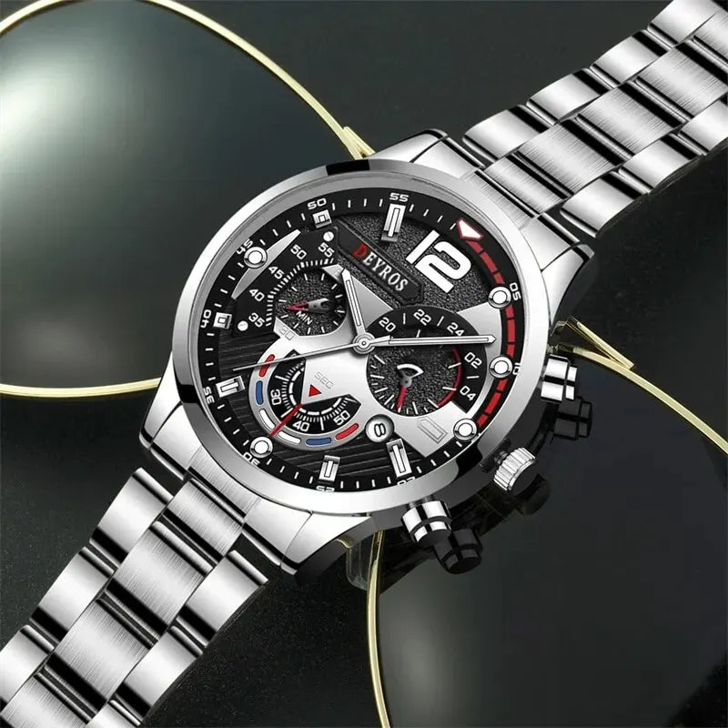 Luxury Stainless Steel Quartz Wrist Watch Men Business Casual with Male Sports Bracelet