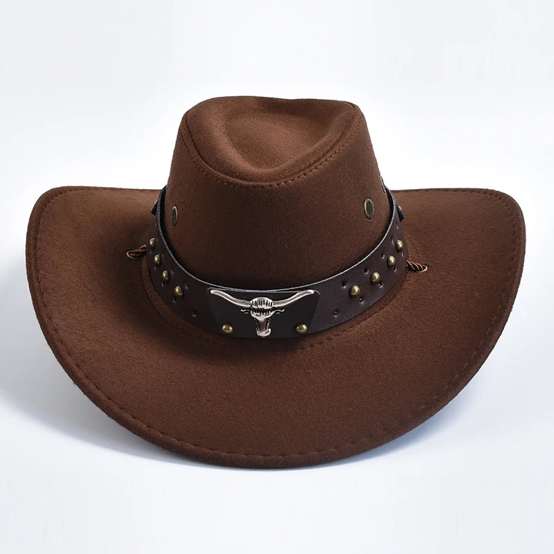 Western Cowboy Hat with Bull Head Emblem and Studded Leather Band