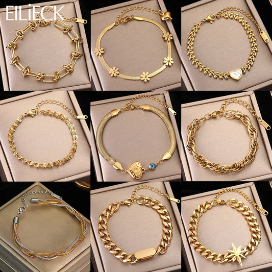 Stainless Steel Gold Color Bracelet for Women Simple Style Link Chain Bangle Trendy Fashion Non-fading