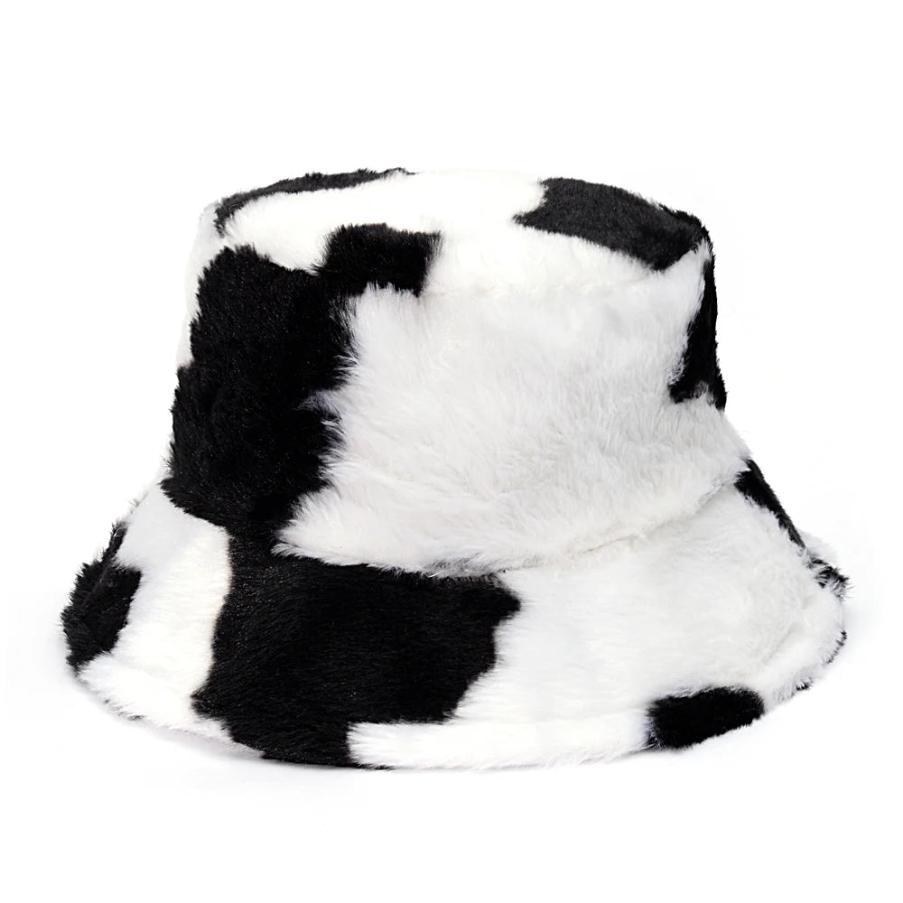 Cow Leopard Faux Fur Fluffy Bucket Hats Women Outdoor Warm Sun Hat Soft Velvet Furry Fisherman Cap Girl Fashion Panama