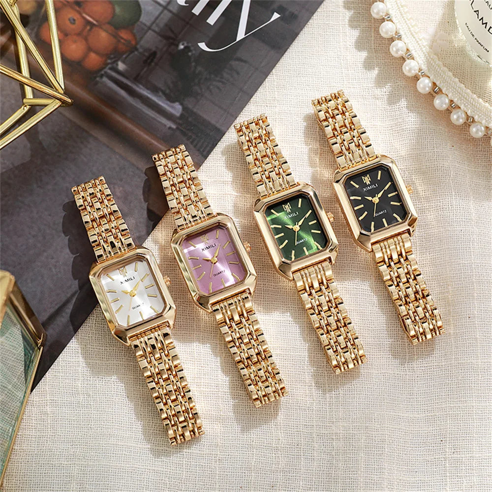 Square Watches Gold Alloy Strap Luxury Ladies Quartz Wristwatches Qualities Female Roman Scale Clock