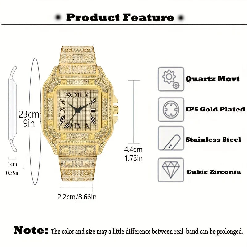 Fashion Hip Hop Men Crystal Inlaid Watch Luxury Cuban Hand Chain Stainless Steel Iced Out Watches