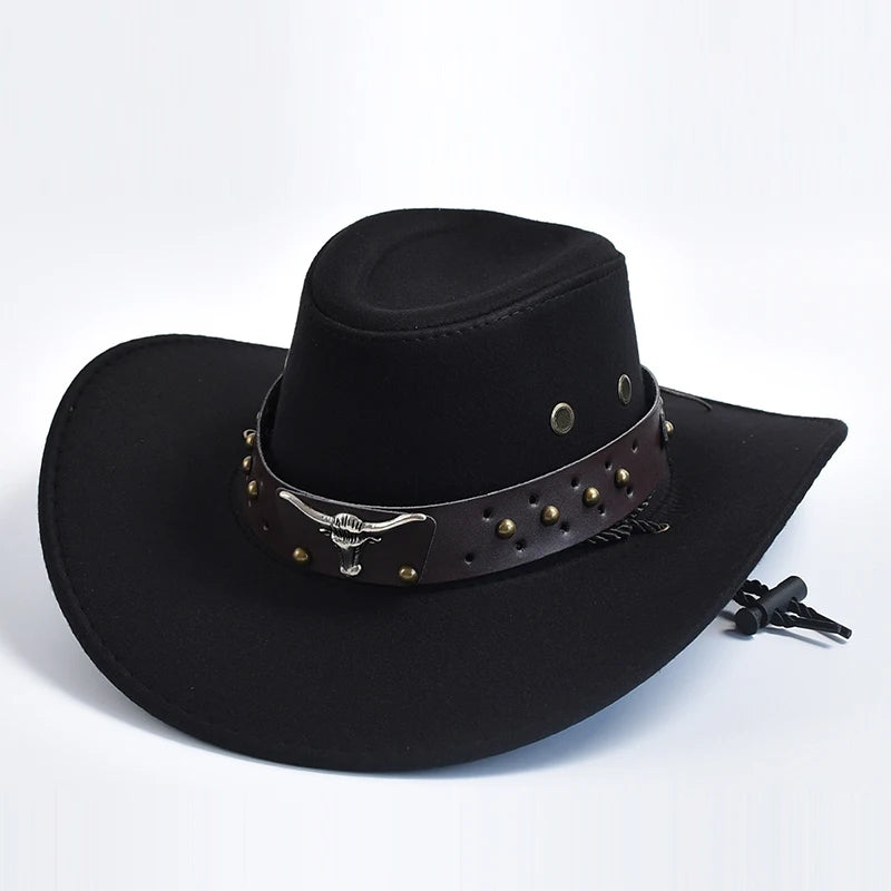 Western Cowboy Hat with Bull Head Emblem and Studded Leather Band