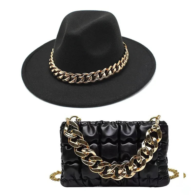 Fashion Fedora Hat and Chain Bag Set - Vibrant Colors