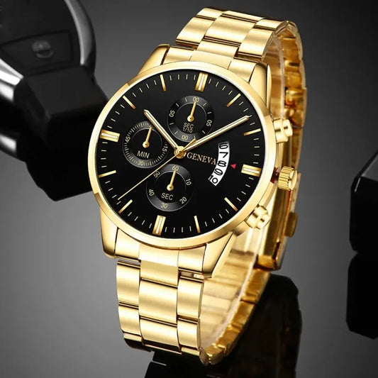 Gold Stainless Steel Watch Luxury Calendar Quartz Wrist Watch Mens