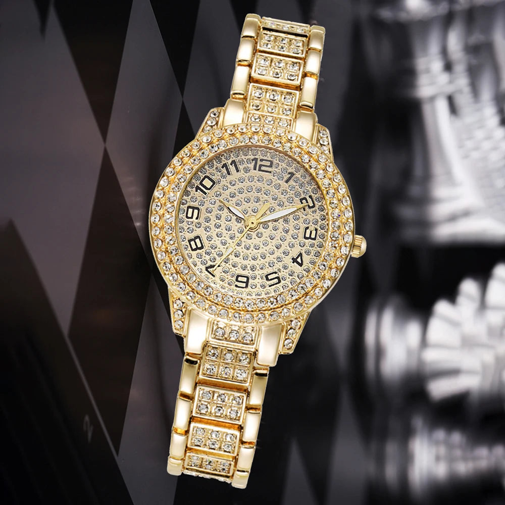 Heart Diamond Wristwatch Elegant Women 's Bracelet Watch Set 2PCS Luxury Women's Gold Watch Fashion Women's Quartz