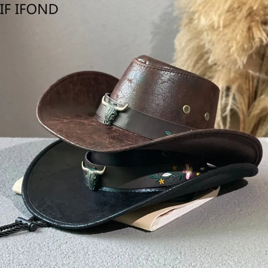 Stylish Decorate Western Cowboy Hat Faux Leather Vintage Gentleman Jazz Hats