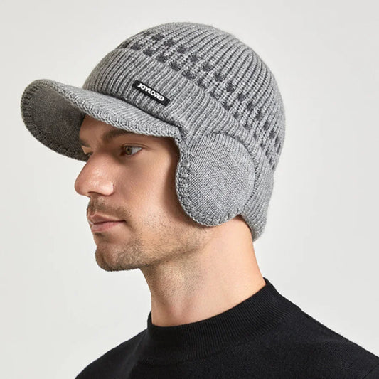 Men's Knitted Baseball Hat with Earflap Insulation Warm Fur Lined Skullies Beanies