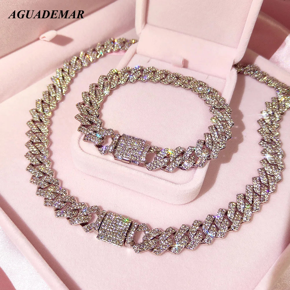 Miami Cuban Link Chain silver color 14mm Necklace For Women Iced Out 2 Row Rhinestones Square