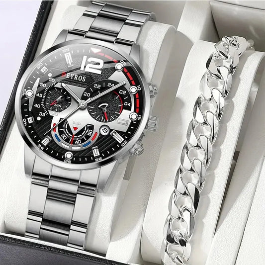 2pcs Silver Quartz Watch With Stainless Steel Bracelet Men Luminous Clock