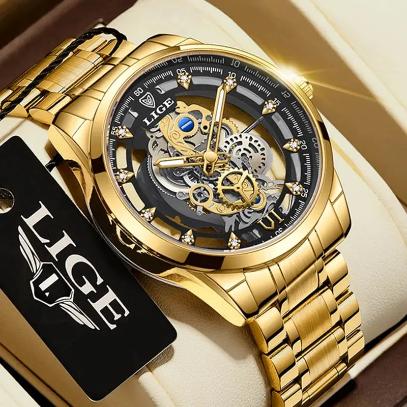 Gold Skeleton Retro Man Watch LIGE New Men Watch Skeleton Quartz Wristwatch