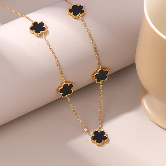 stainless steel14K Gold Plated Necklace Woman Five Leaf Petals Double Sided Necklaces for Women Pendant Flower Jewelry