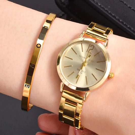 Simple Dial Hollow Strap Fashion Gold Bracelet 2pcs Set Watch Luxury Women Quartz Wristwatch