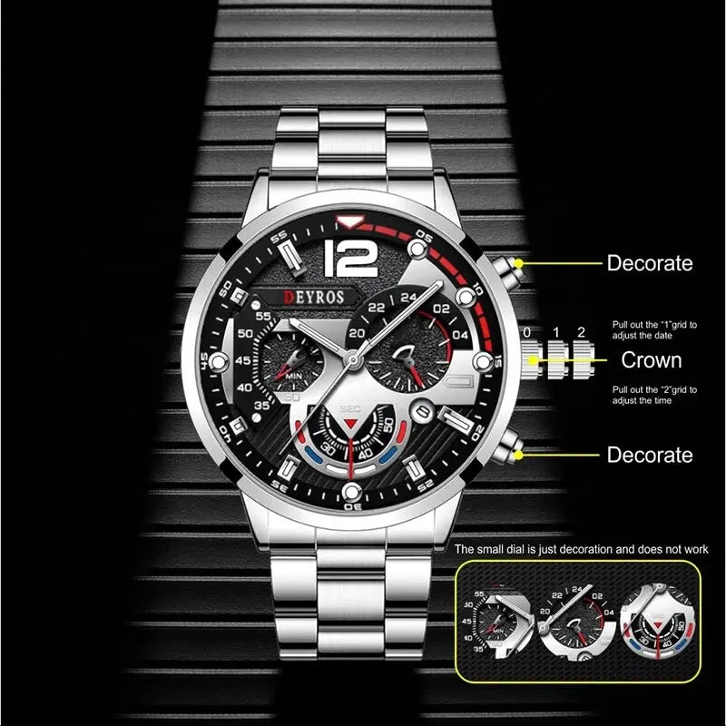 Luxury Stainless Steel Quartz Wrist Watch Men Business Casual with Male Sports Bracelet