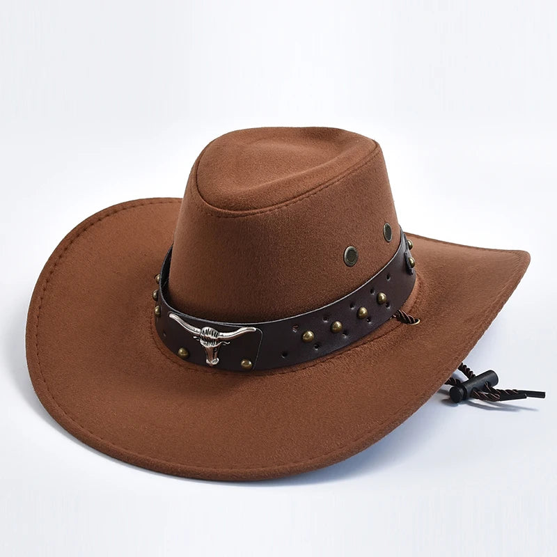 Western Cowboy Hat with Bull Head Emblem and Studded Leather Band