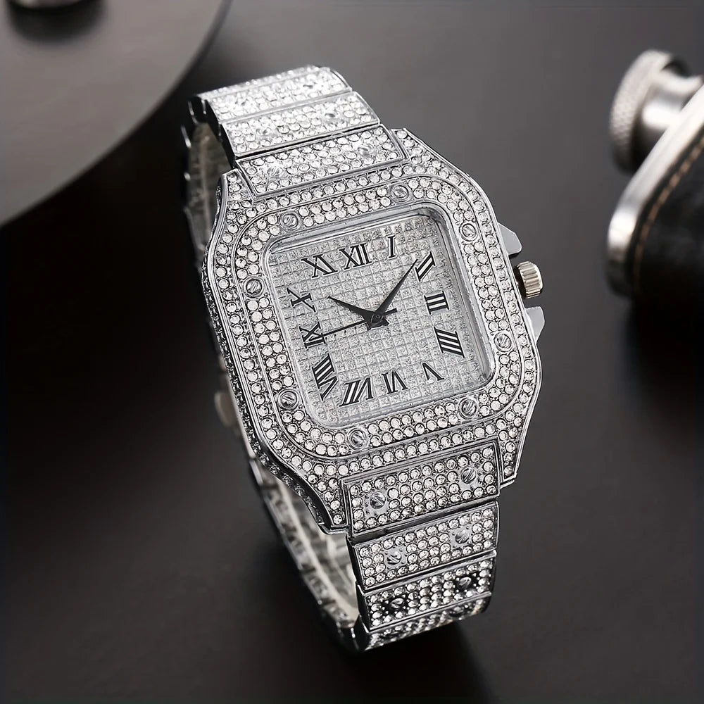 Fashion Hip Hop Men Crystal Inlaid Watch Luxury Cuban Hand Chain Stainless Steel Iced Out Watches