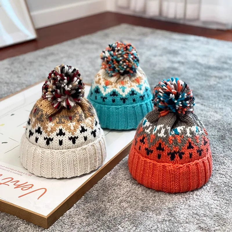 Cute Print Embroidery Beanies Hats for Women Men Winter Warm Fur Pompom Baggy Knit Hat Bonnet Caps