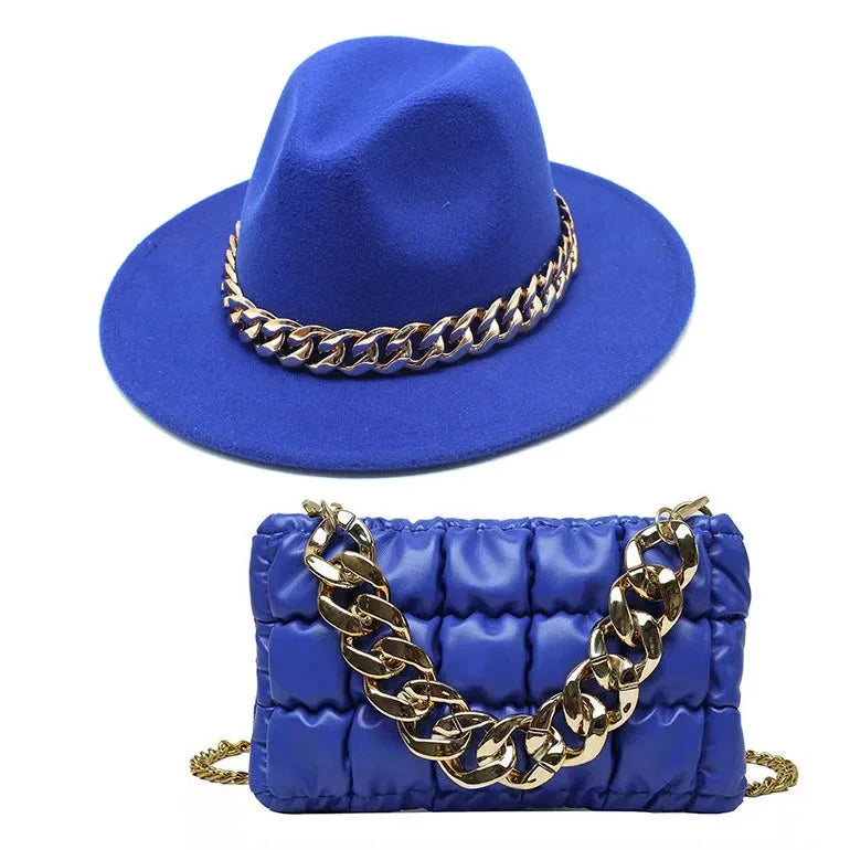 Fashion Fedora Hat and Chain Bag Set - Vibrant Colors