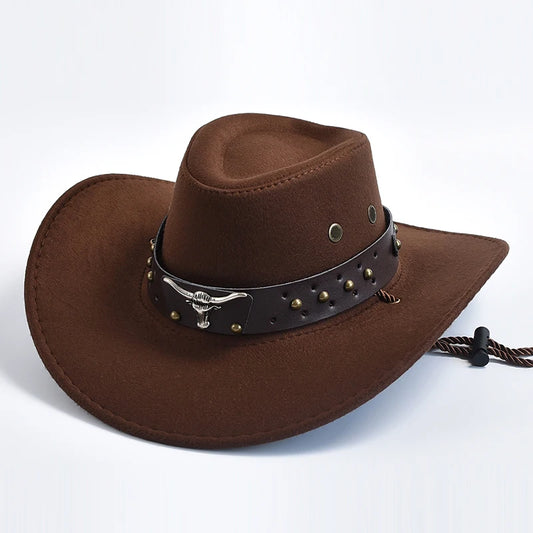 Western Cowboy Hat with Bull Head Emblem and Studded Leather Band