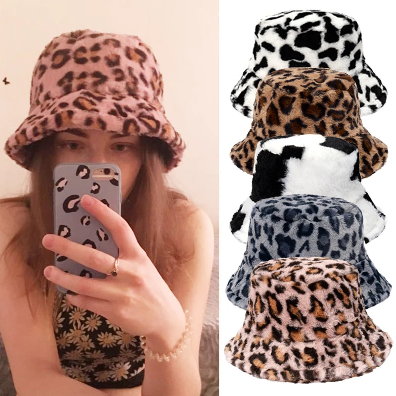 Cow Leopard Faux Fur Fluffy Bucket Hats Women Outdoor Warm Sun Hat Soft Velvet Furry Fisherman Cap Girl Fashion Panama