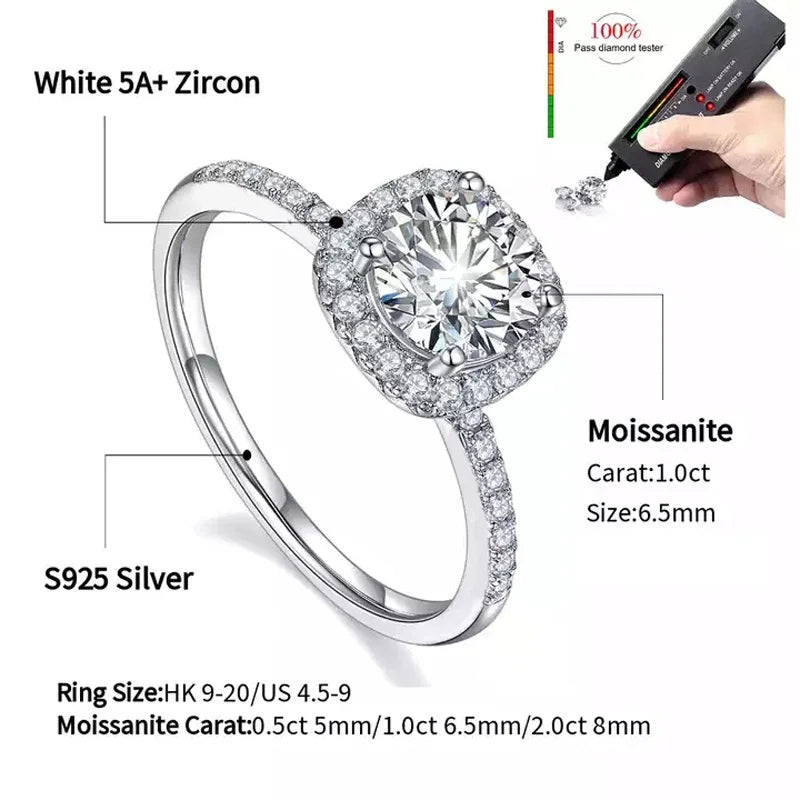 Moissanite 925 Sterling Silver Ring For Women Square Round 1CT 2CT 3CT