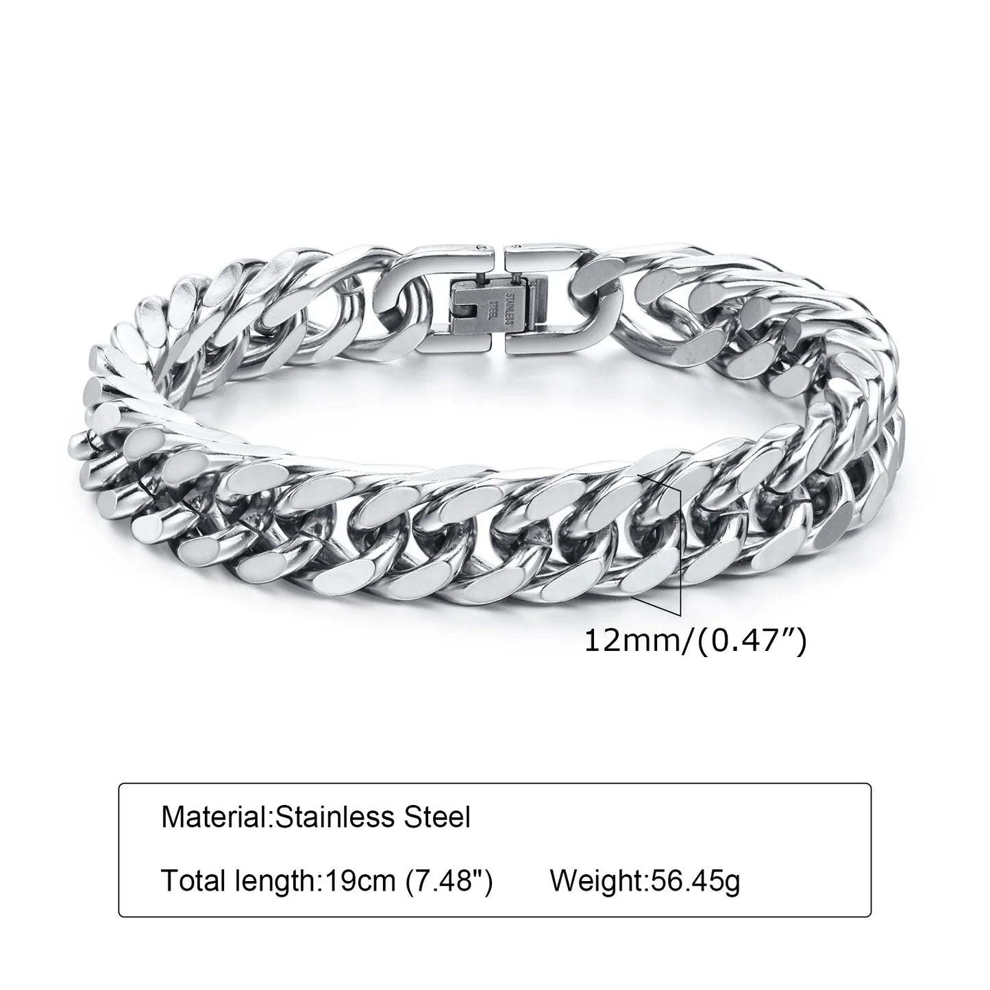 Cuban Chain Bracelet Stainless Steel 10/12/15MM Width for Men, Silver Color Fashion Hip Hop Male Boy Wristband