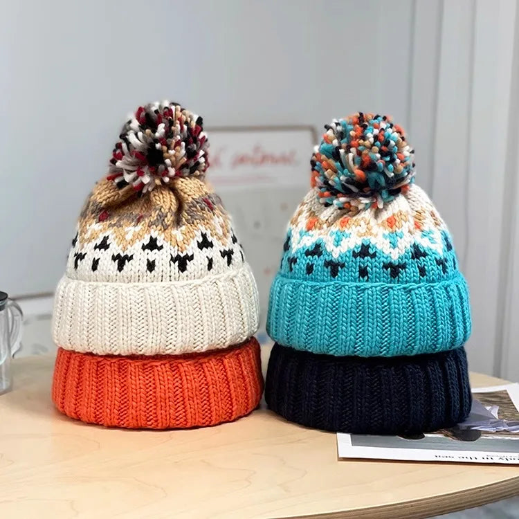 Cute Print Embroidery Beanies Hats for Women Men Winter Warm Fur Pompom Baggy Knit Hat Bonnet Caps