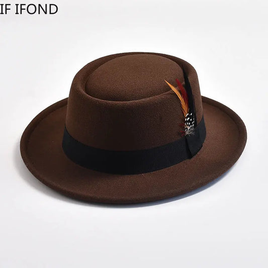 NEW Mens Rolled Brim Felt Fedora Hat with Feather Gentleman Trilby Jazz Hats